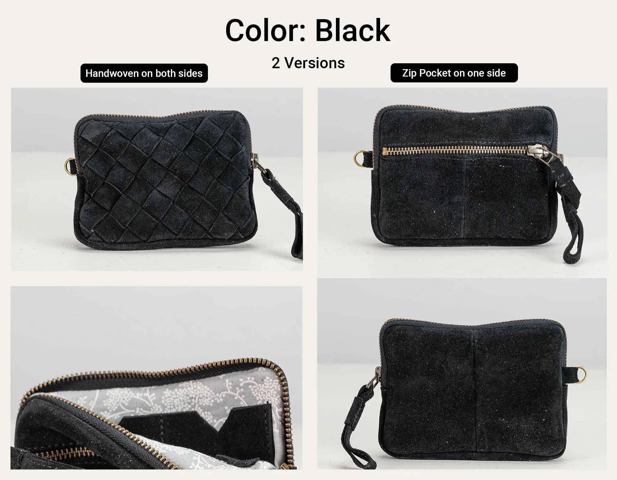 A four-panel product comparison graphic showing a black handwoven crossbody bag from multiple angles. The top text reads &