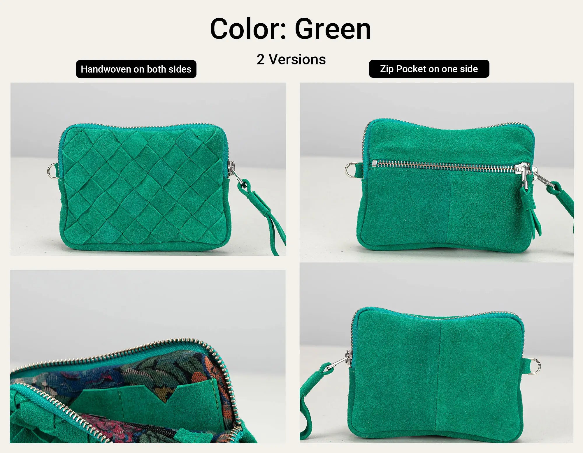 A collage showing a green crossbody pouch from multiple angles, with text at the top reading &
