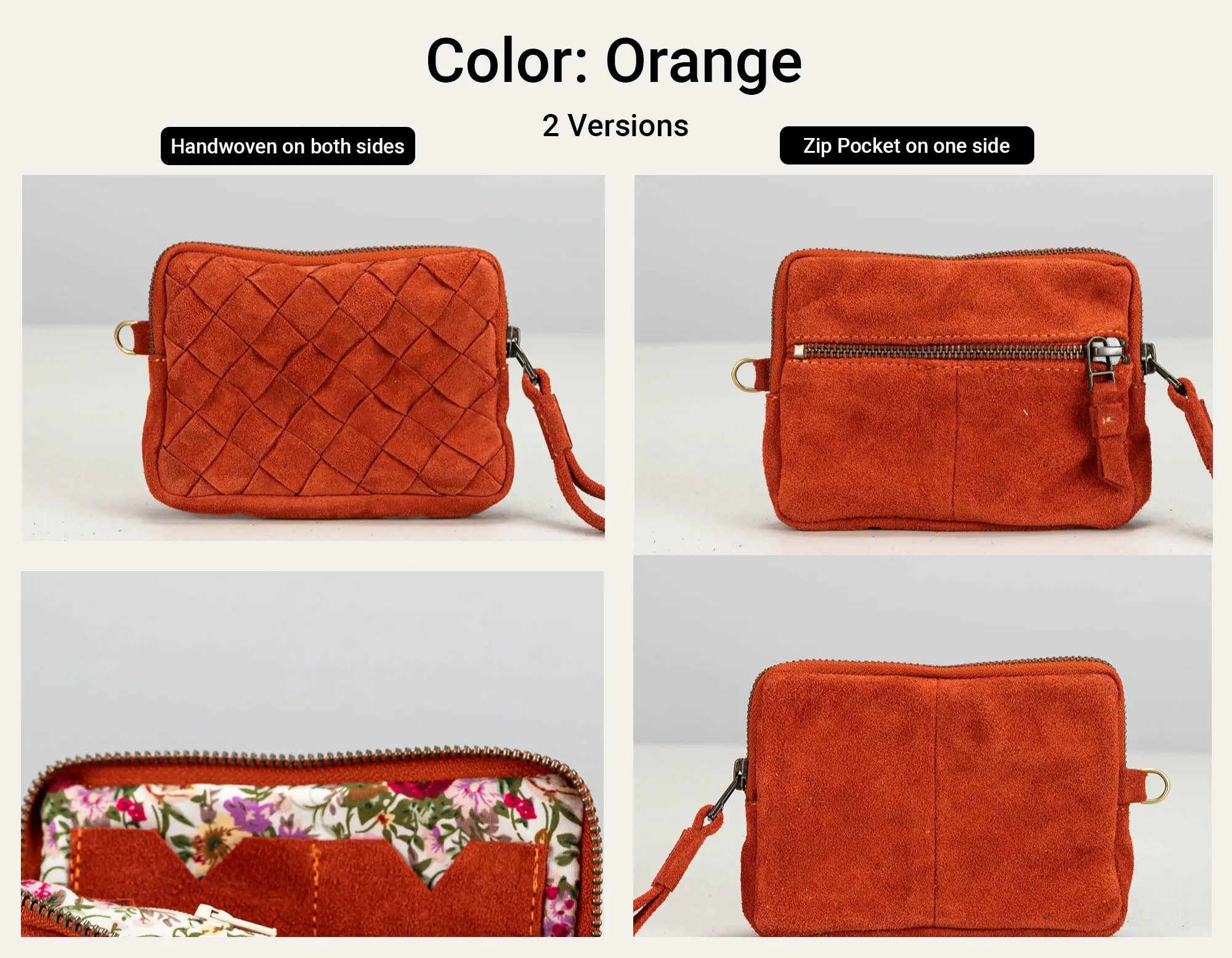 A product comparison collage showing two orange crossbody pouches in a 2x2 grid. The top row shows the exterior from the front: one with a woven texture and one with a zip pocket.