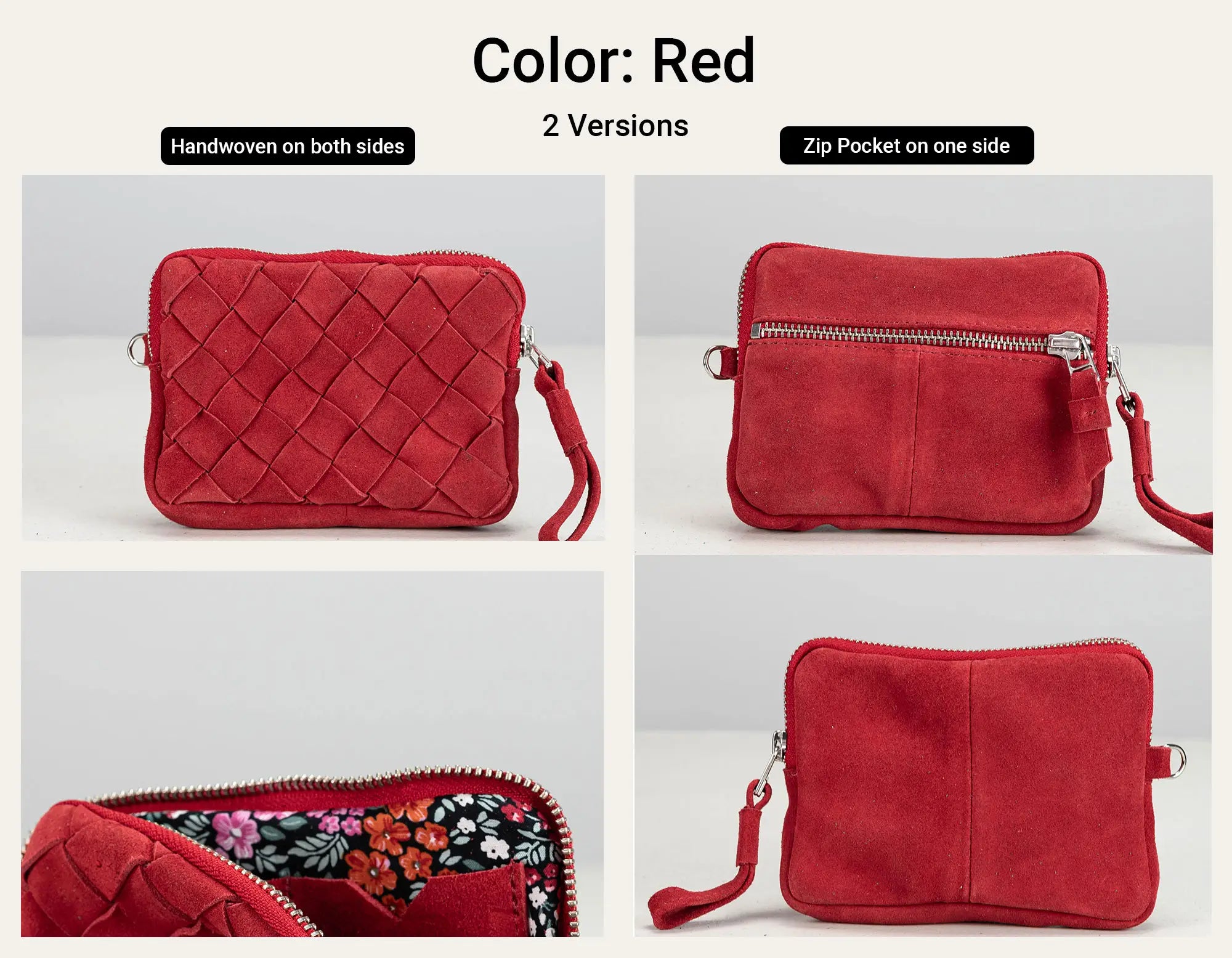 A red crossbody pouch shown in a four-panel collage with text reading &