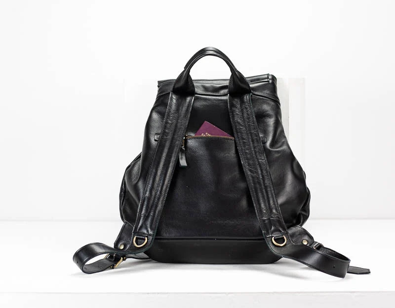 Black leather backpack on a white background