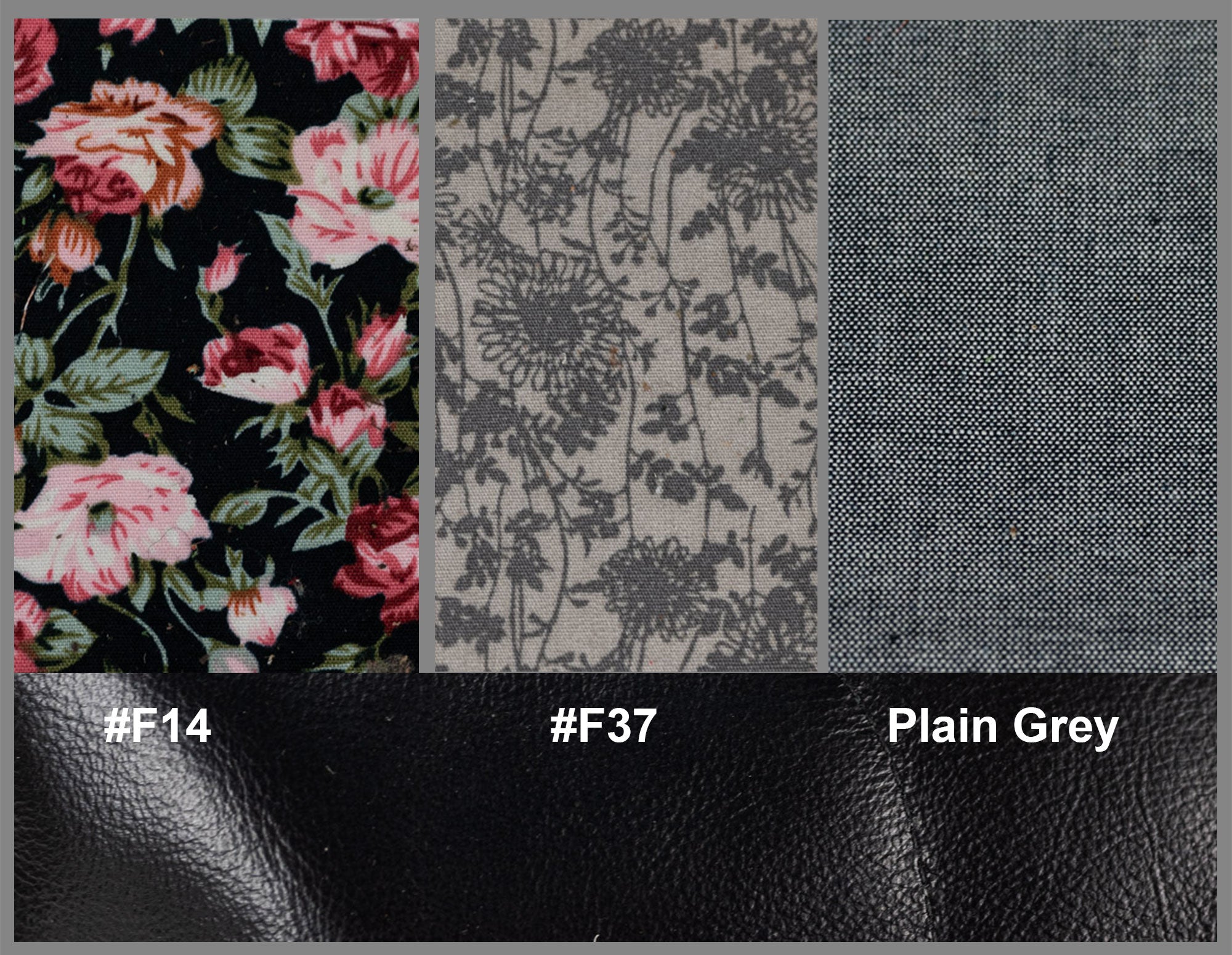 Three fabric swatches labeled