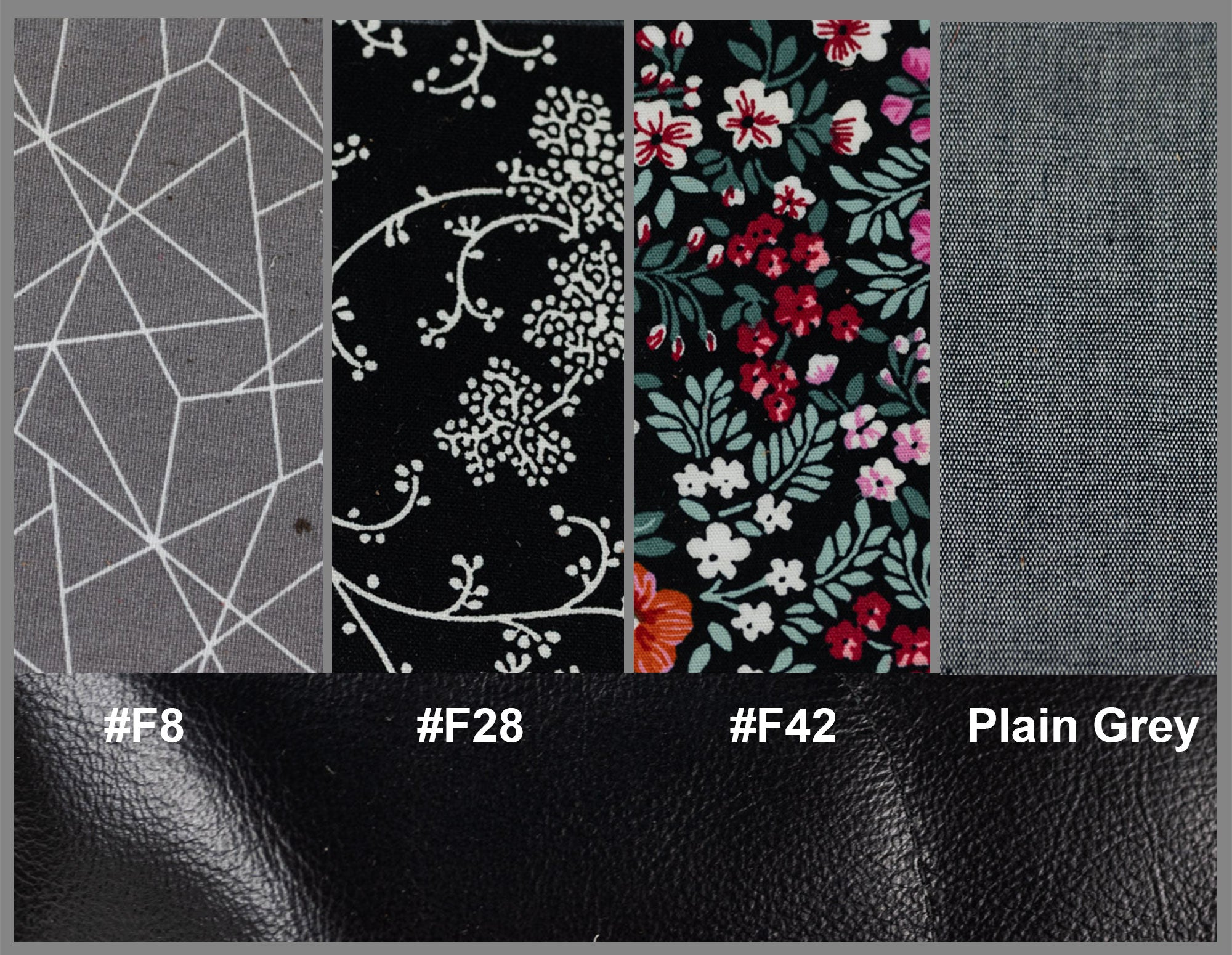 Fabric swatches with different patterns and colors on a black background.