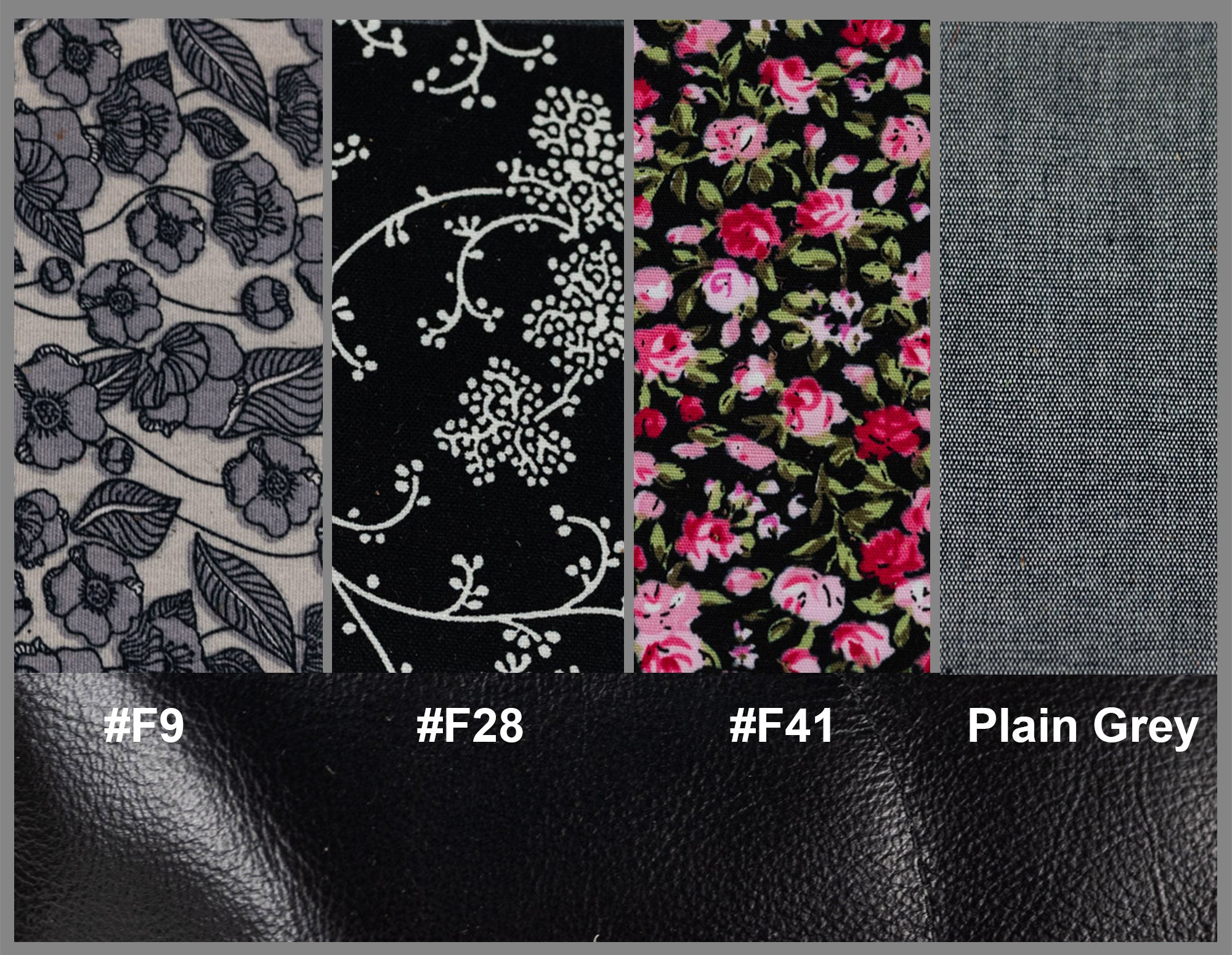 Fabric swatches with floral, geometric, and plain patterns on a gray background.