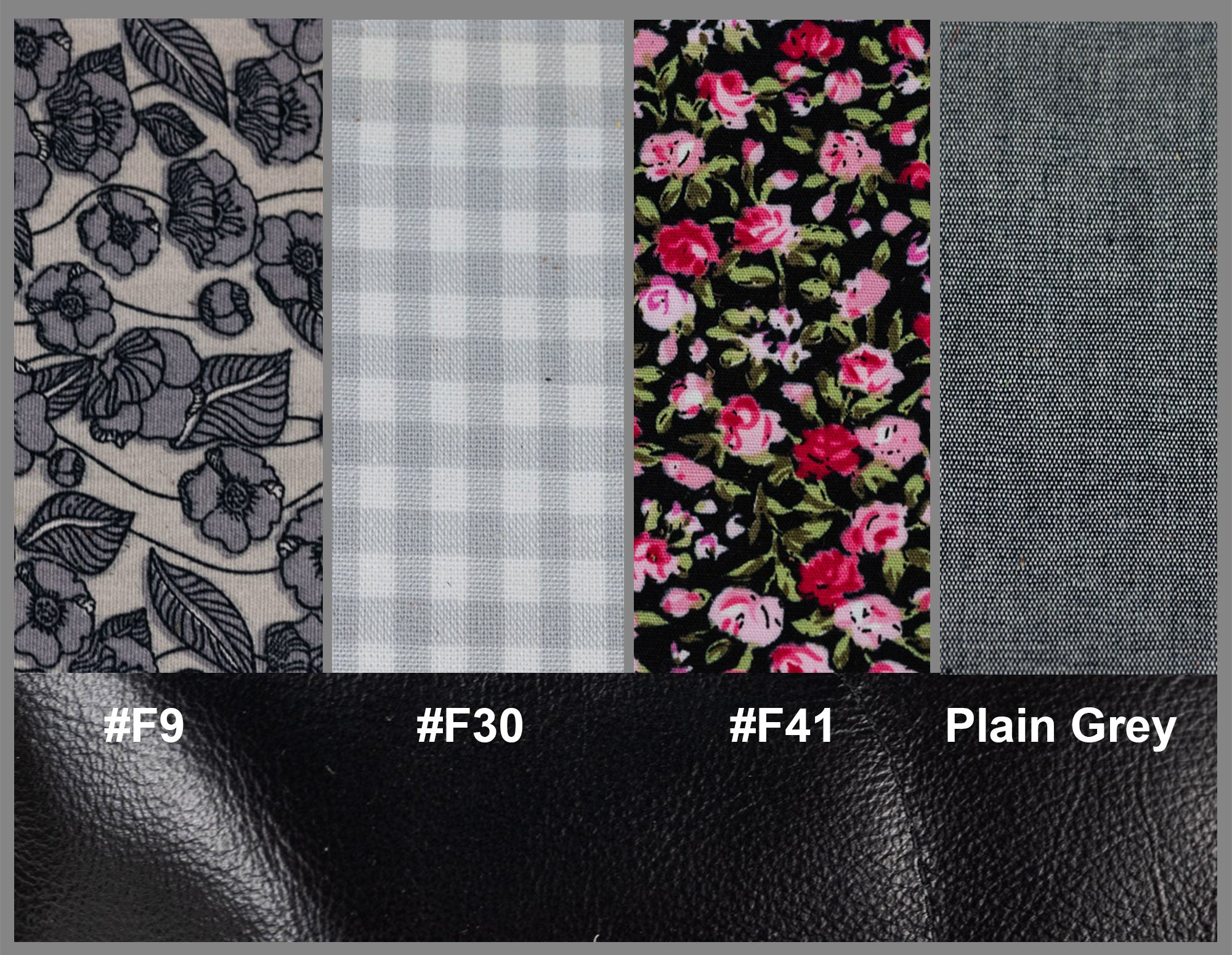 Fabric swatches with floral, checkered, and plain patterns alongside color codes.