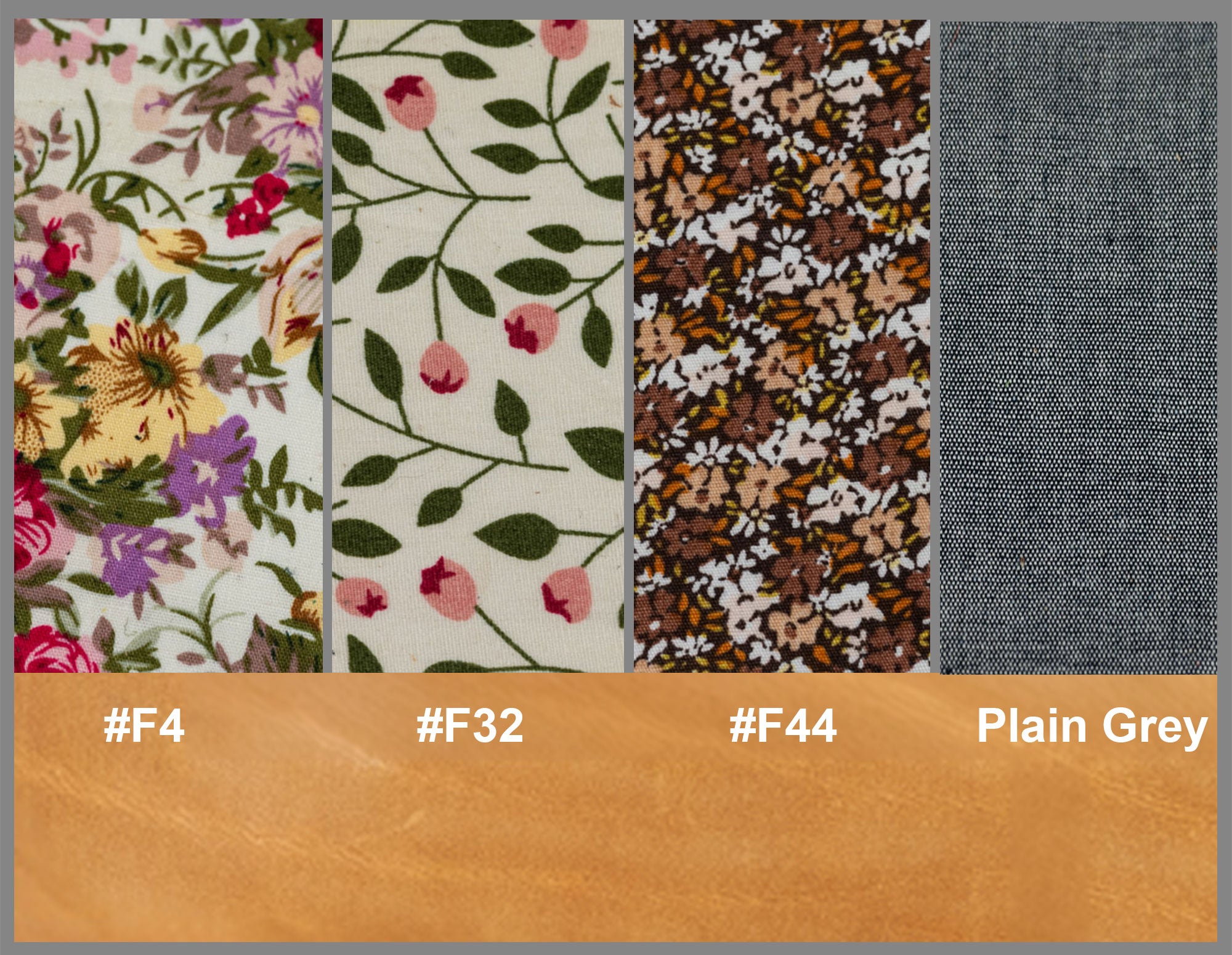Fabric swatches with floral and patterned designs alongside plain gray fabric, with color codes below.