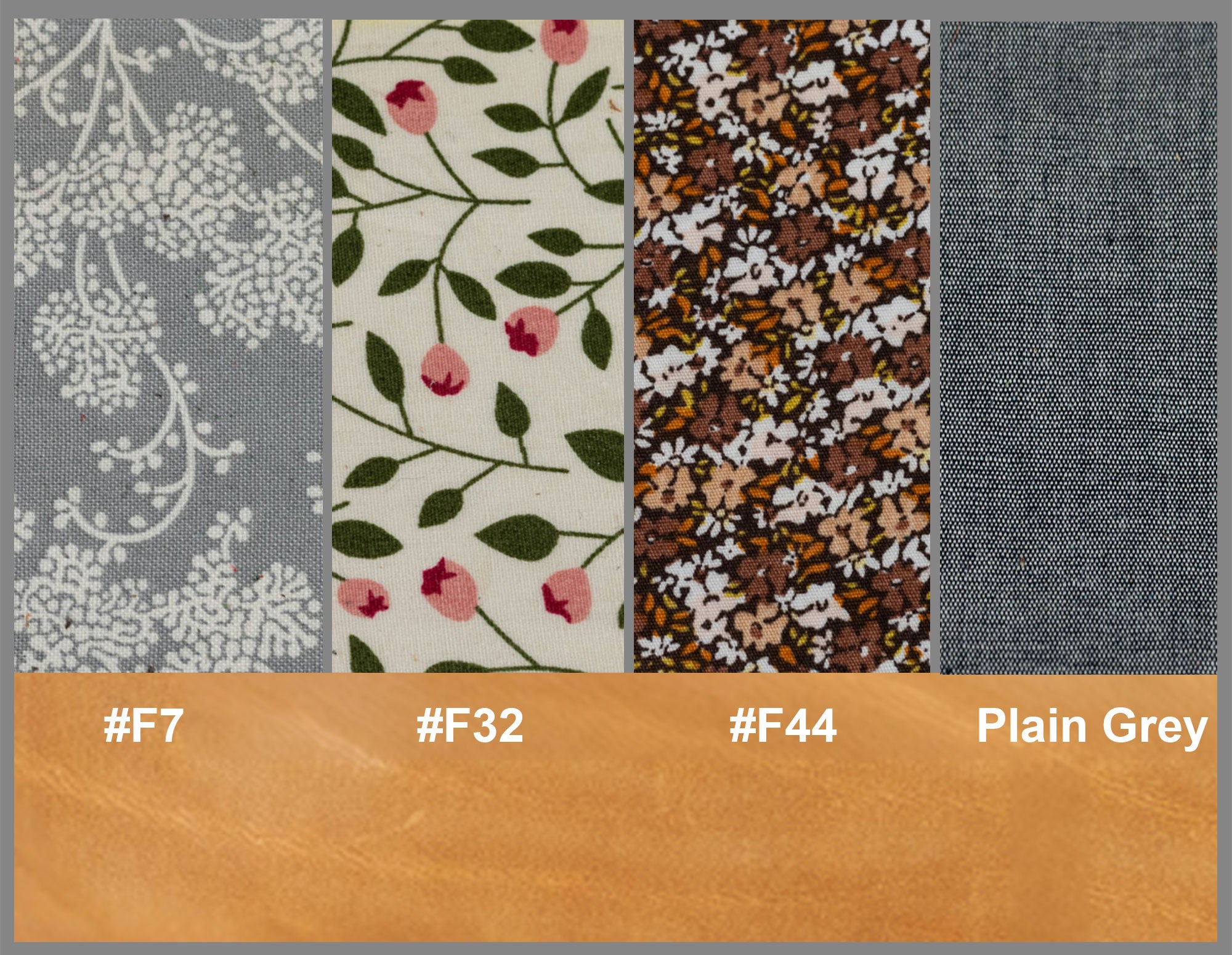 Four fabric swatches with different patterns and a color bar below