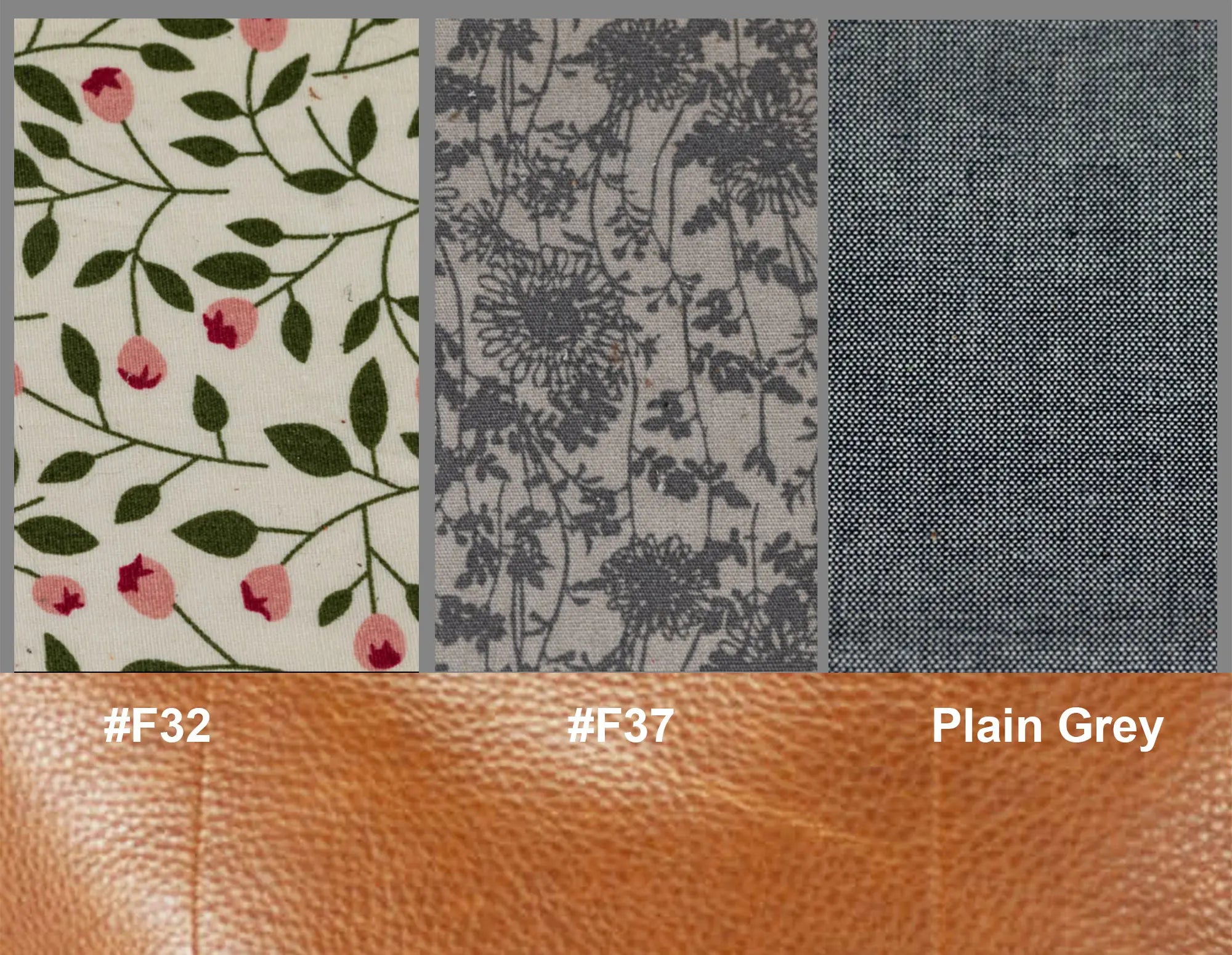 Fabric swatches with floral, abstract, and plain patterns on a brown background.