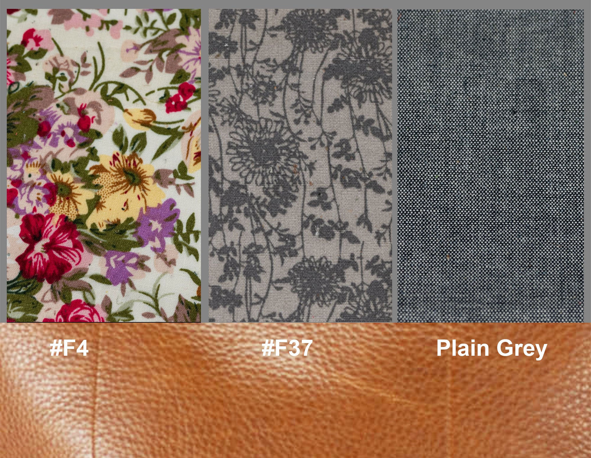 Fabric swatches with floral, textured, and plain gray patterns on a brown background.