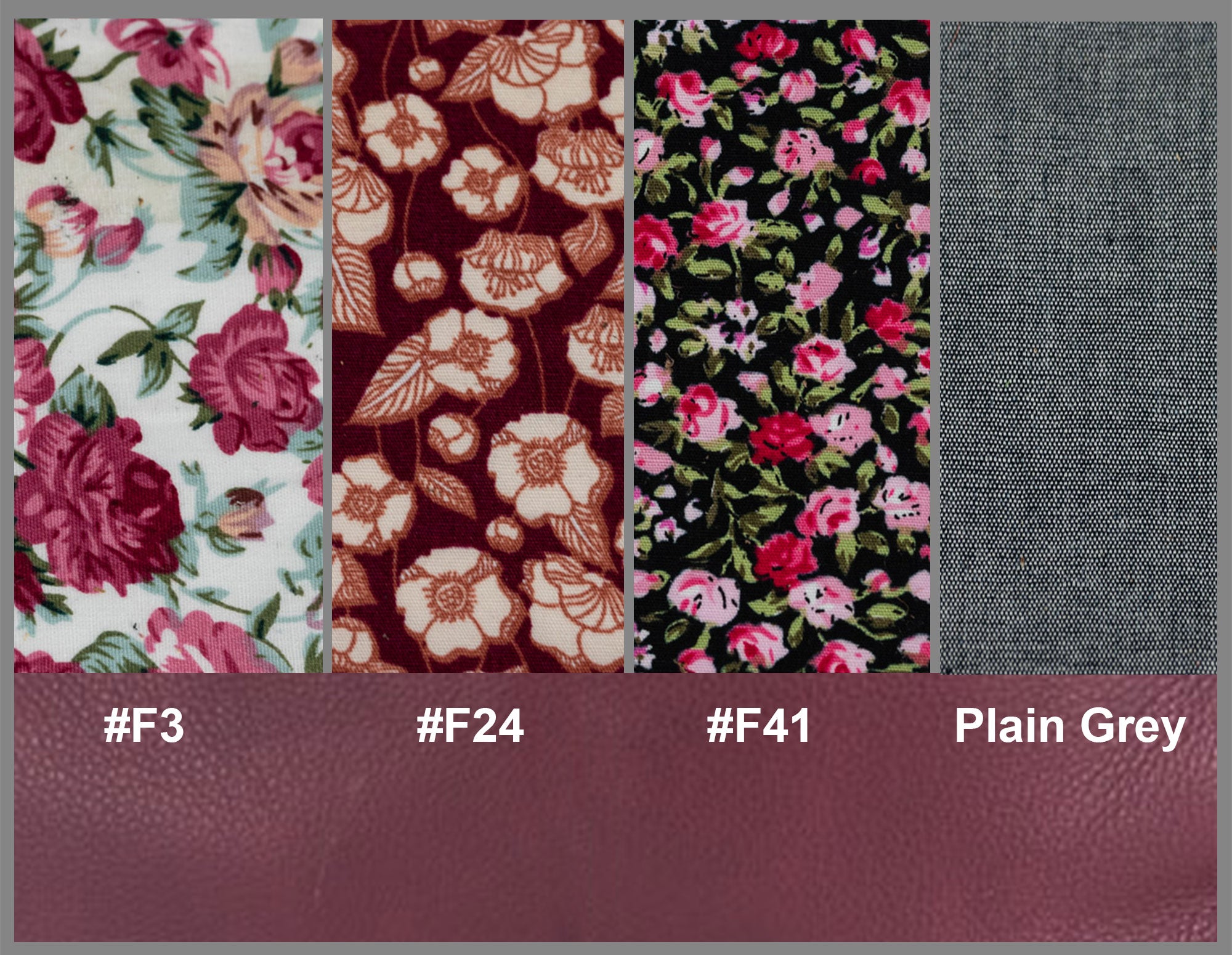 Four floral fabric swatches with color codes and a plain gray swatch.
