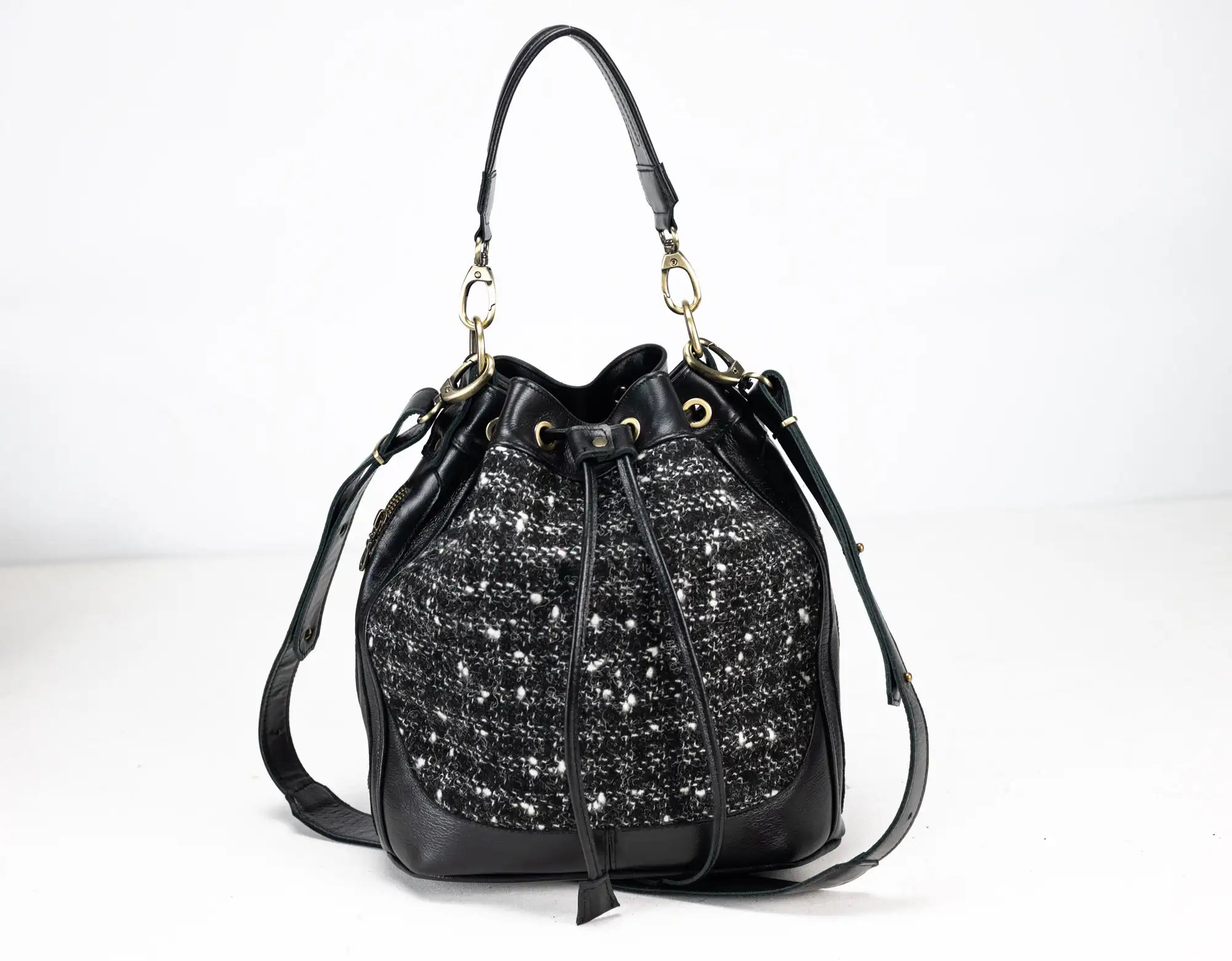 Danae Bucket Bag - Black Patterned White Leather & Wool