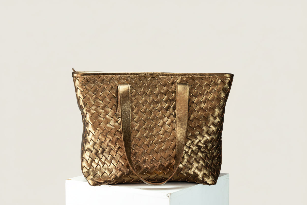 Gold woven handbag