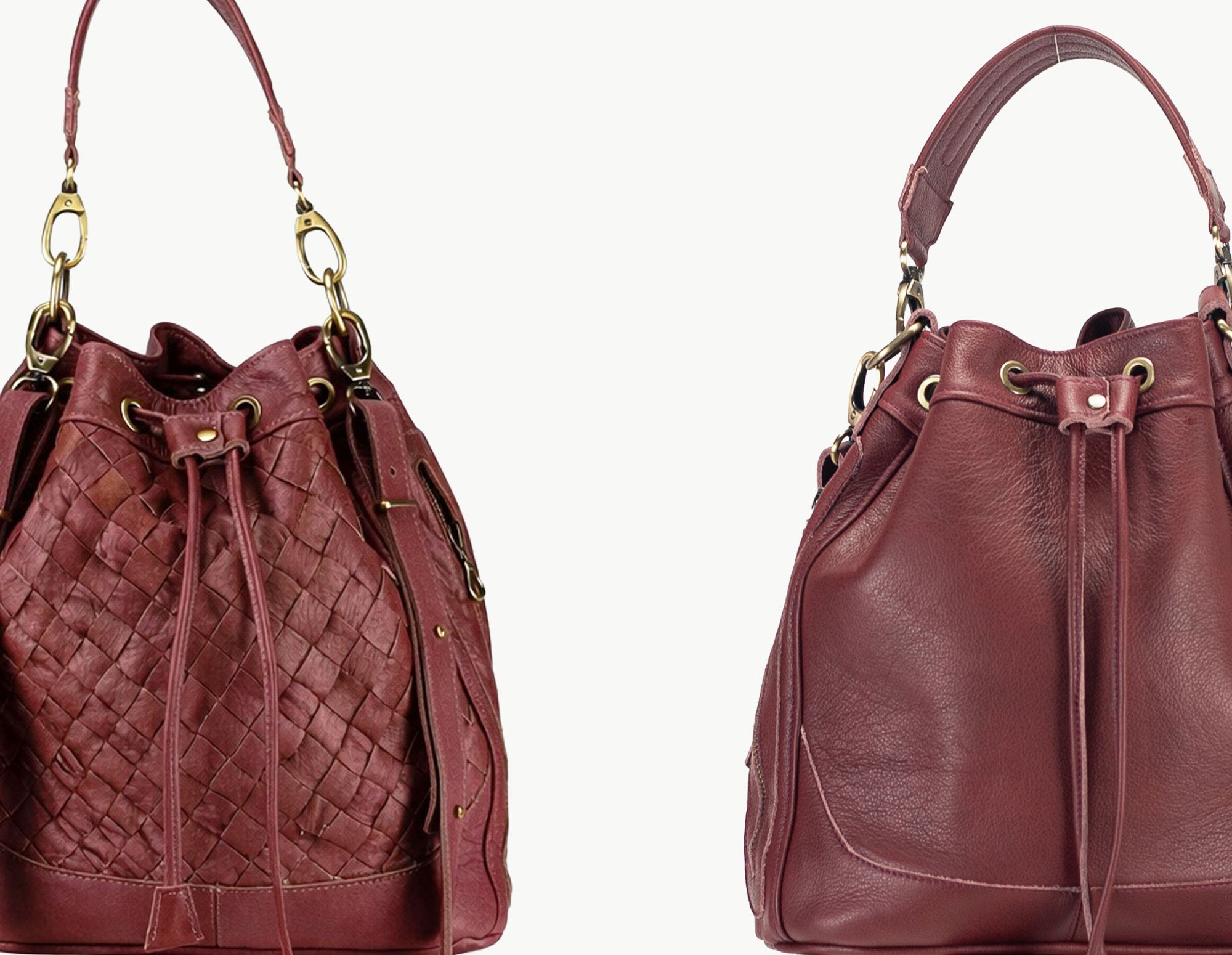 Two views of a maroon leather handbag with drawstring top.