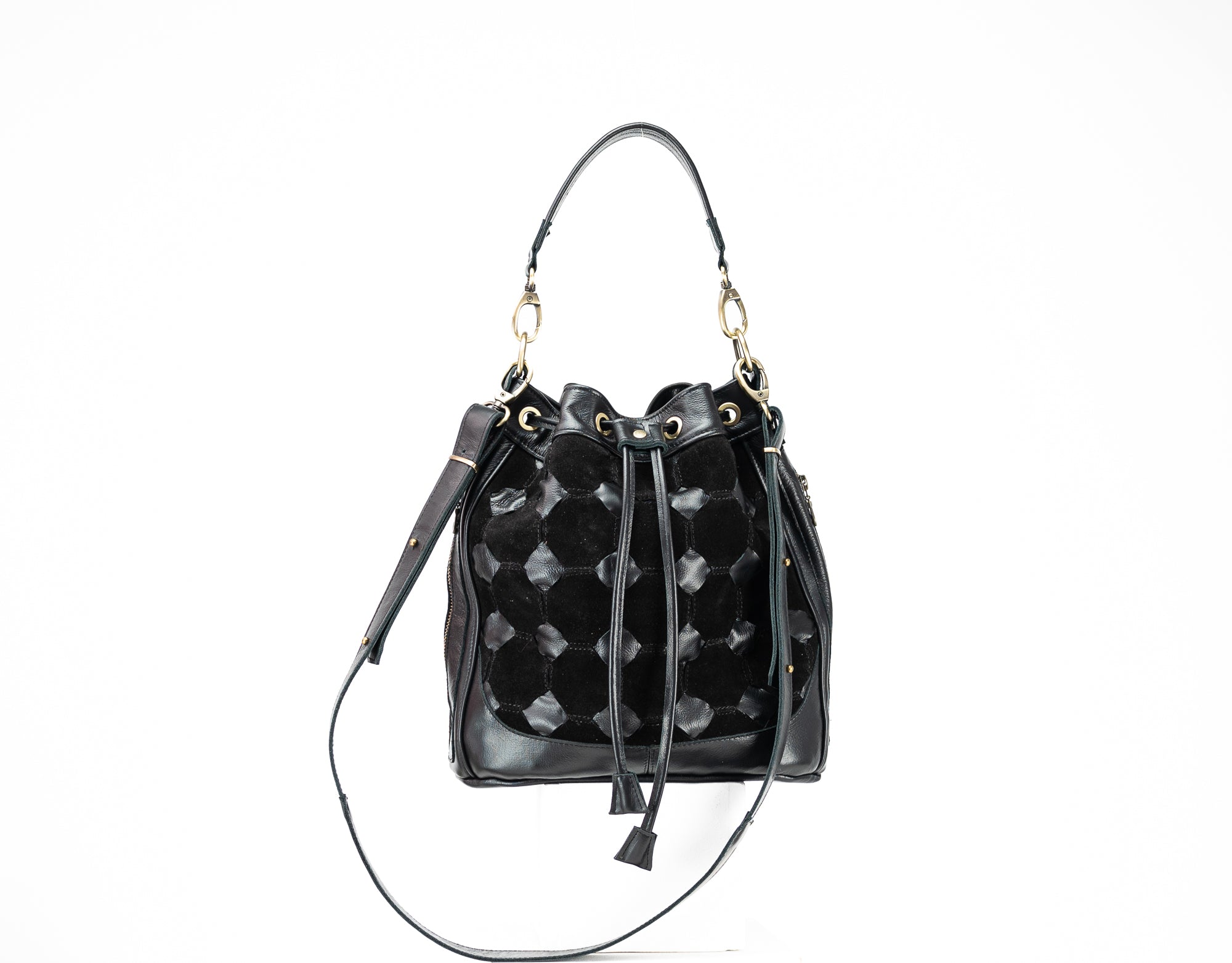 Black leather handwoven bucket bag