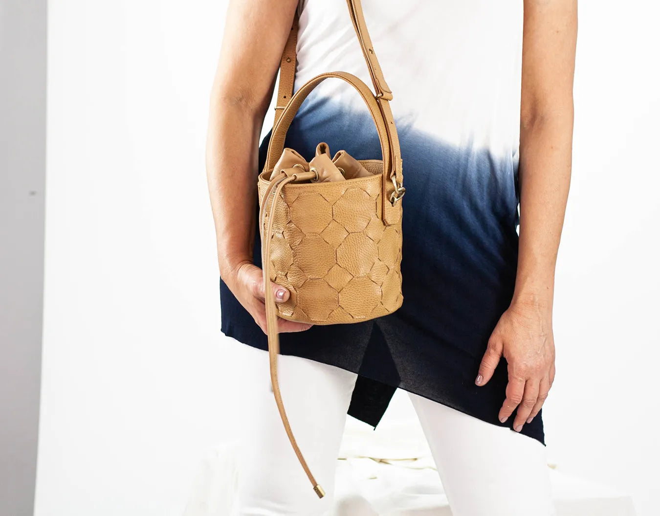 caramel leather handwoven mini bucket bag