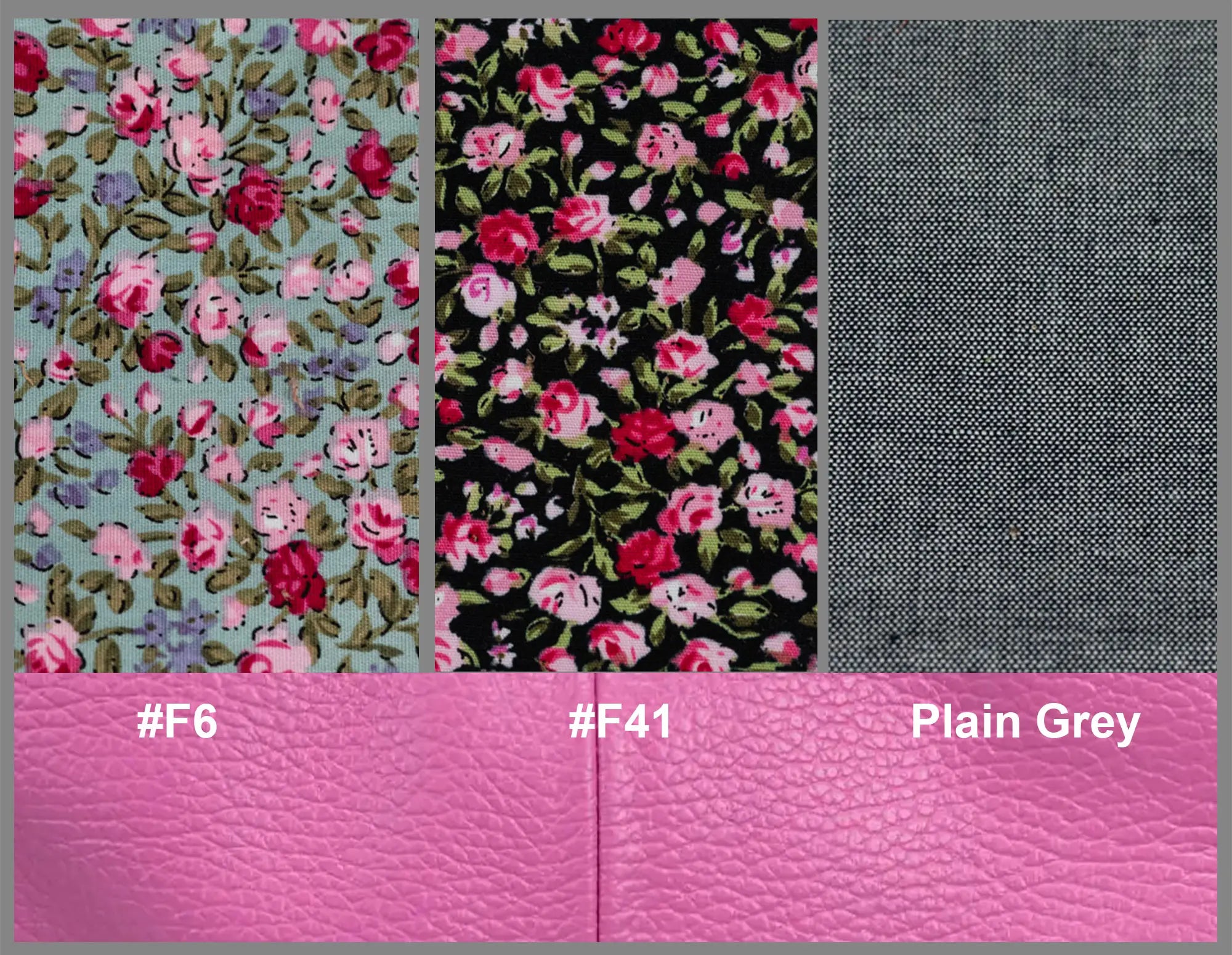 Three fabric swatches with floral patterns and plain gray, labeled with color codes