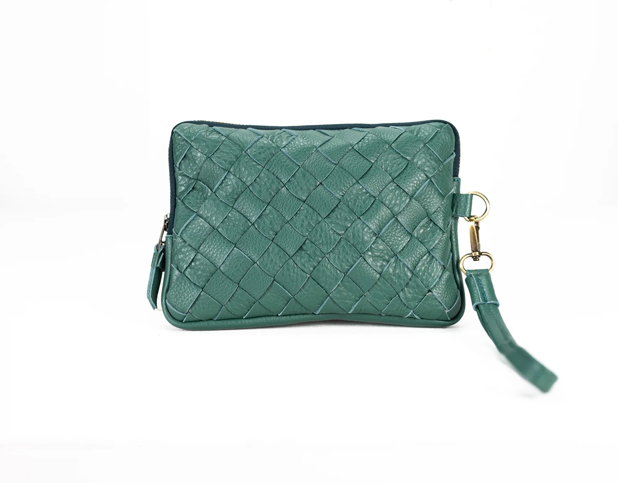 Green woven clutch bag with a strap on a white background