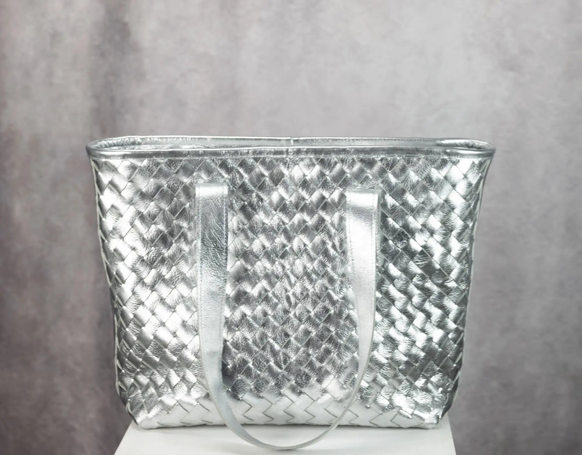 SIlver leather tote handwoven bag