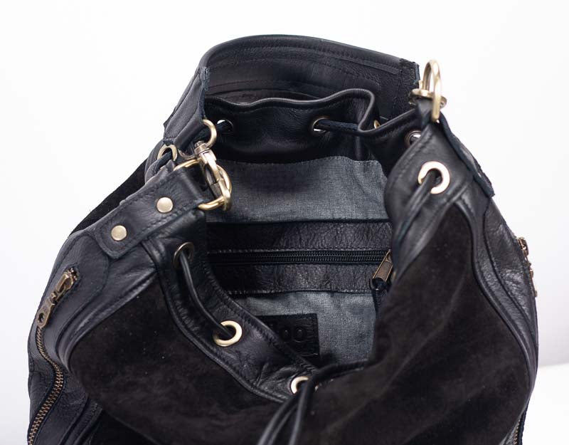 Black leather bag with gold hardware on a white background
