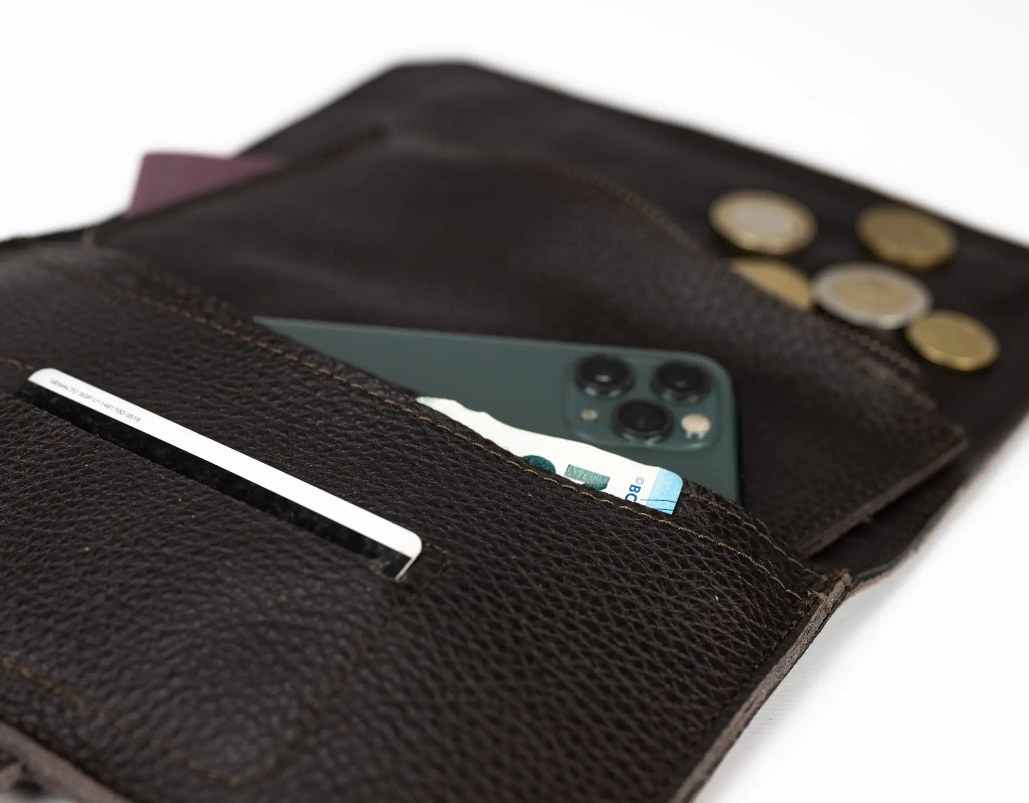 Brown leather wallet wallet with phone, card, and coins on a white background