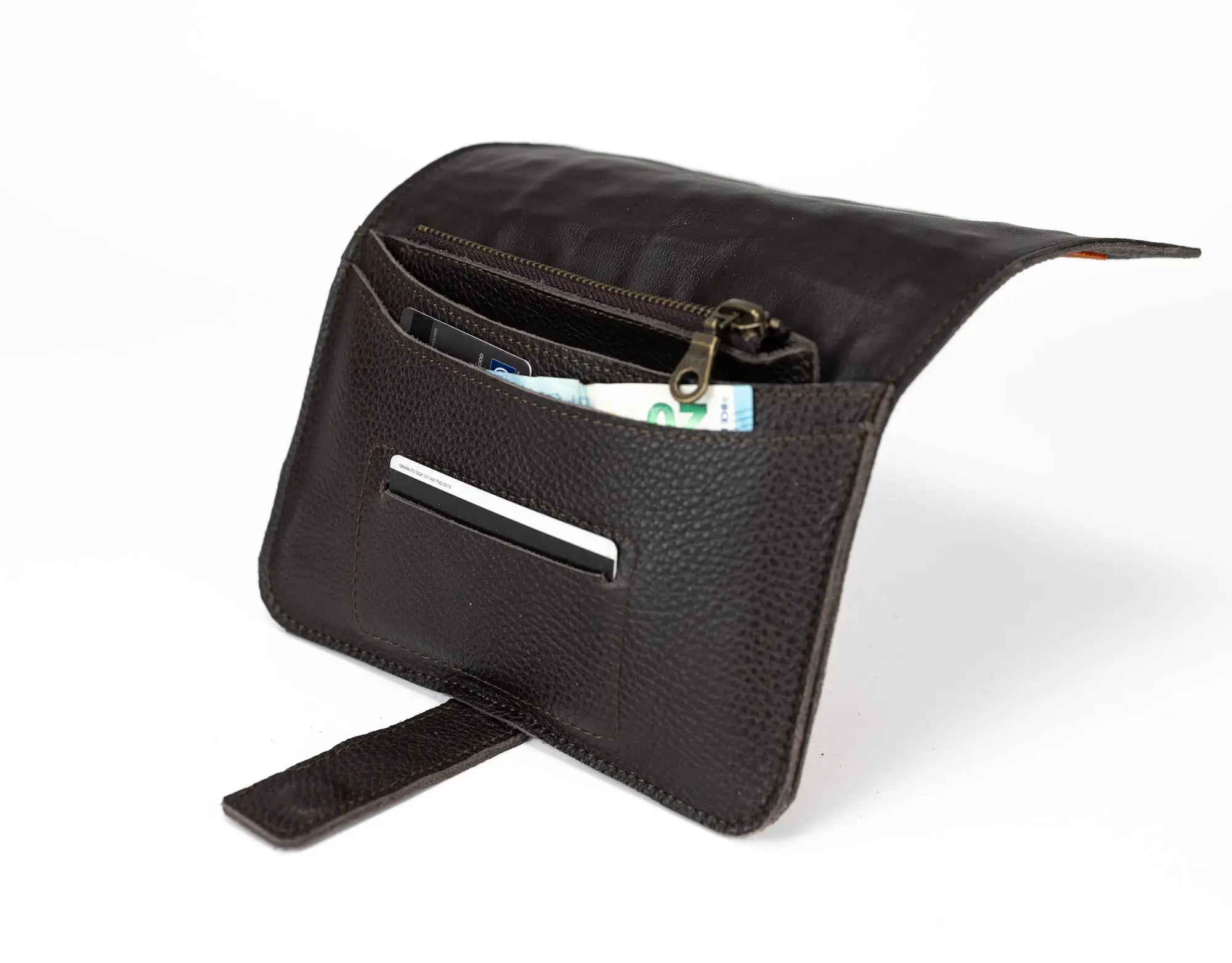 Brown leather wallet with a strap on a white background