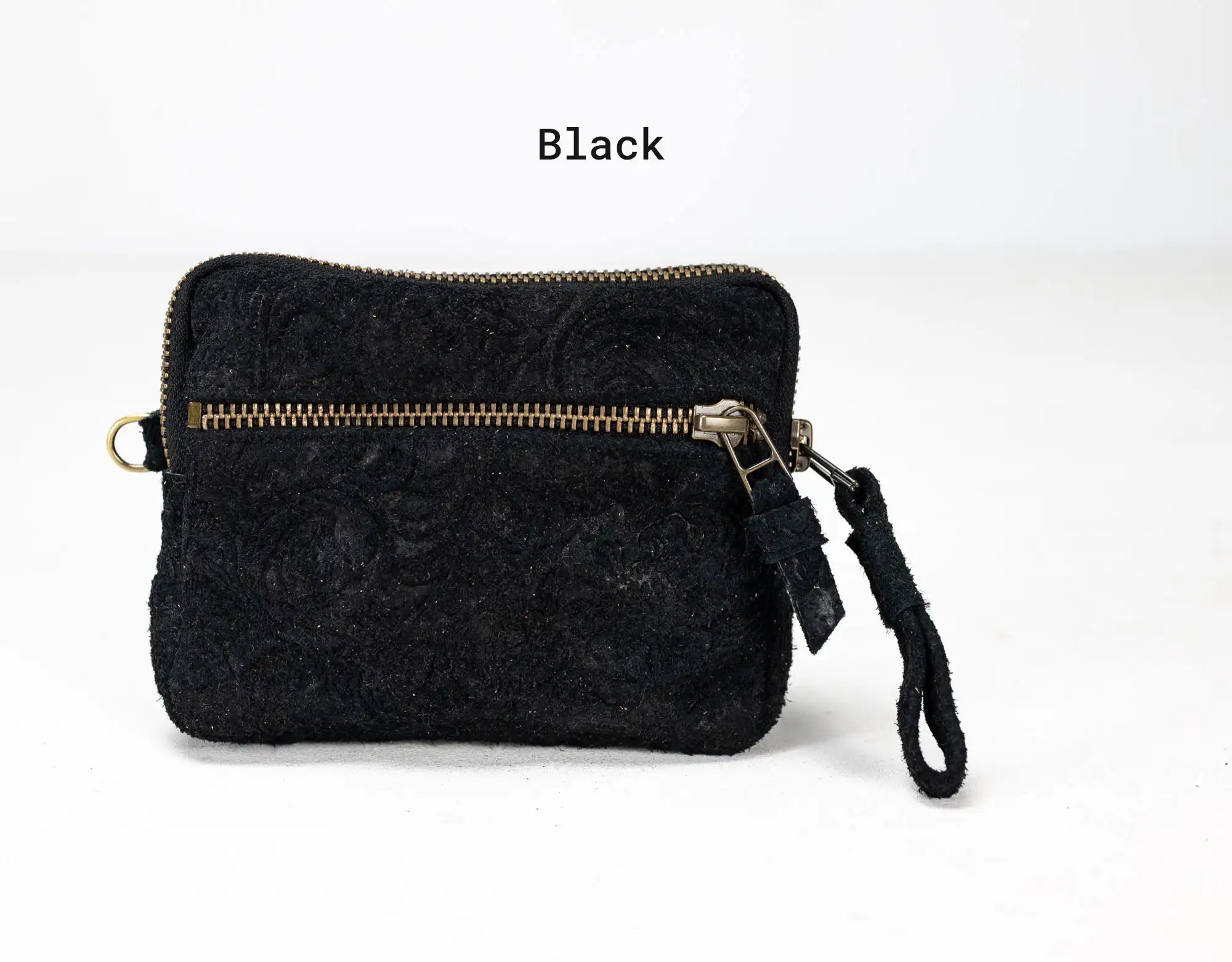 Black textured pouch with a zipper on a white background