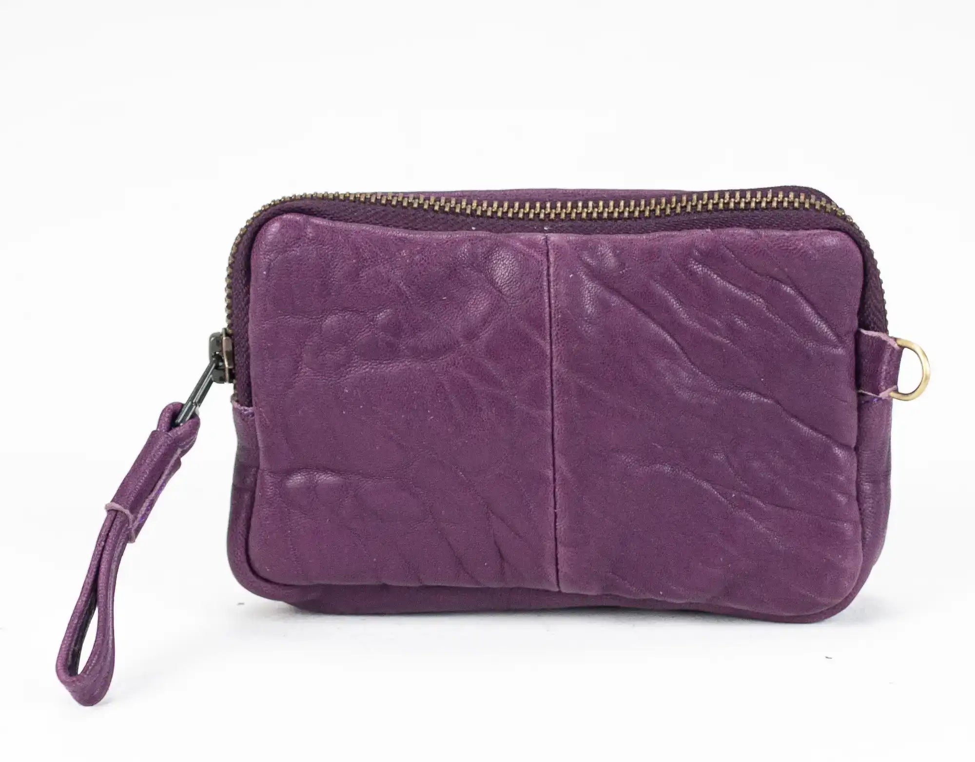 Purple leather wallet with card slots on a white background