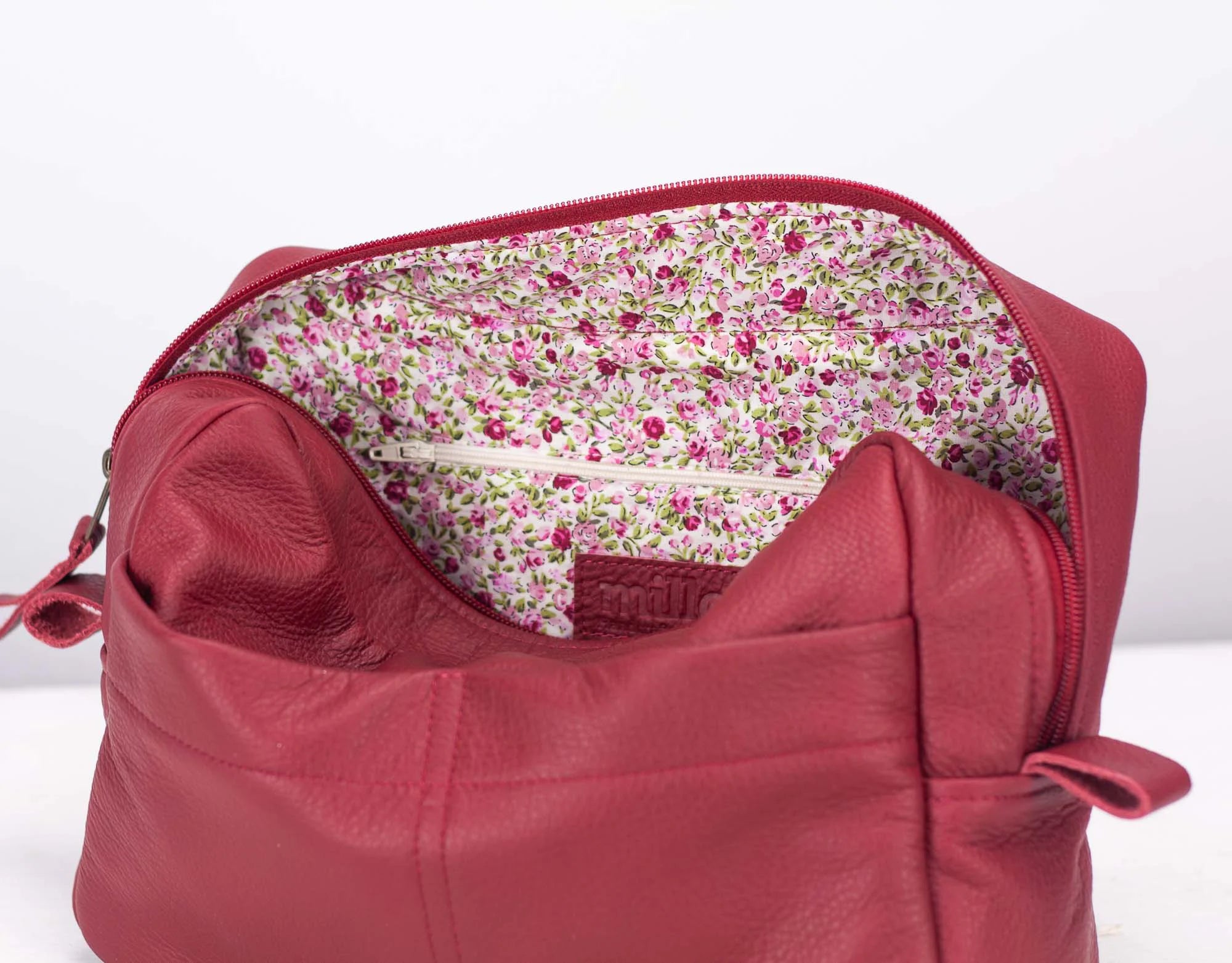 red bag organizer leather with floral interior
