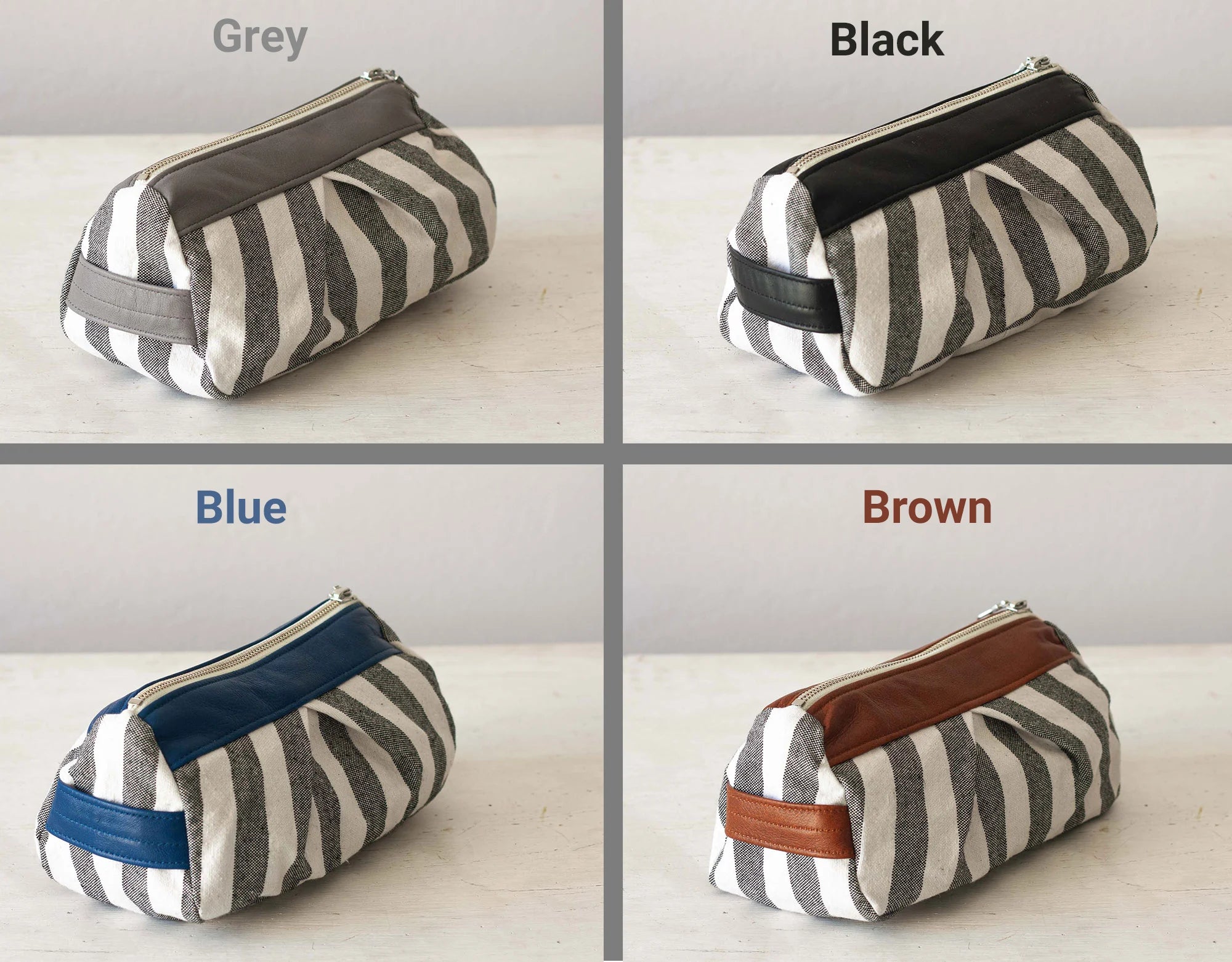Four zebra-striped pouches in different color options on a light background