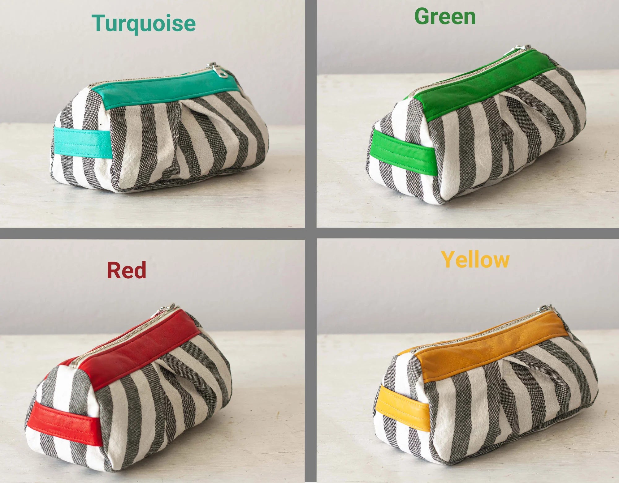 Four striped pouches with different colored zipper pulls on a light background