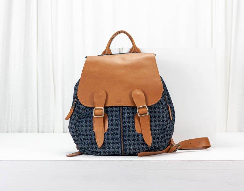 Artemis backpack - Blue jeans with houndstooth pattern and Brown leather - milloobags
