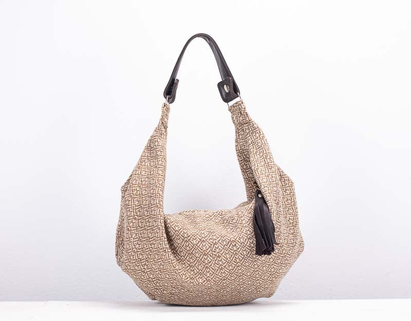 Kallia mini bag - Beige patterned wool and brown leather - milloobags