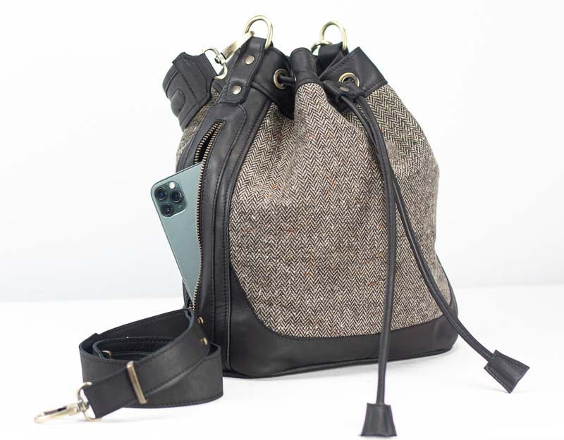 Danae bag - Black leather and herringbone wool - milloobags