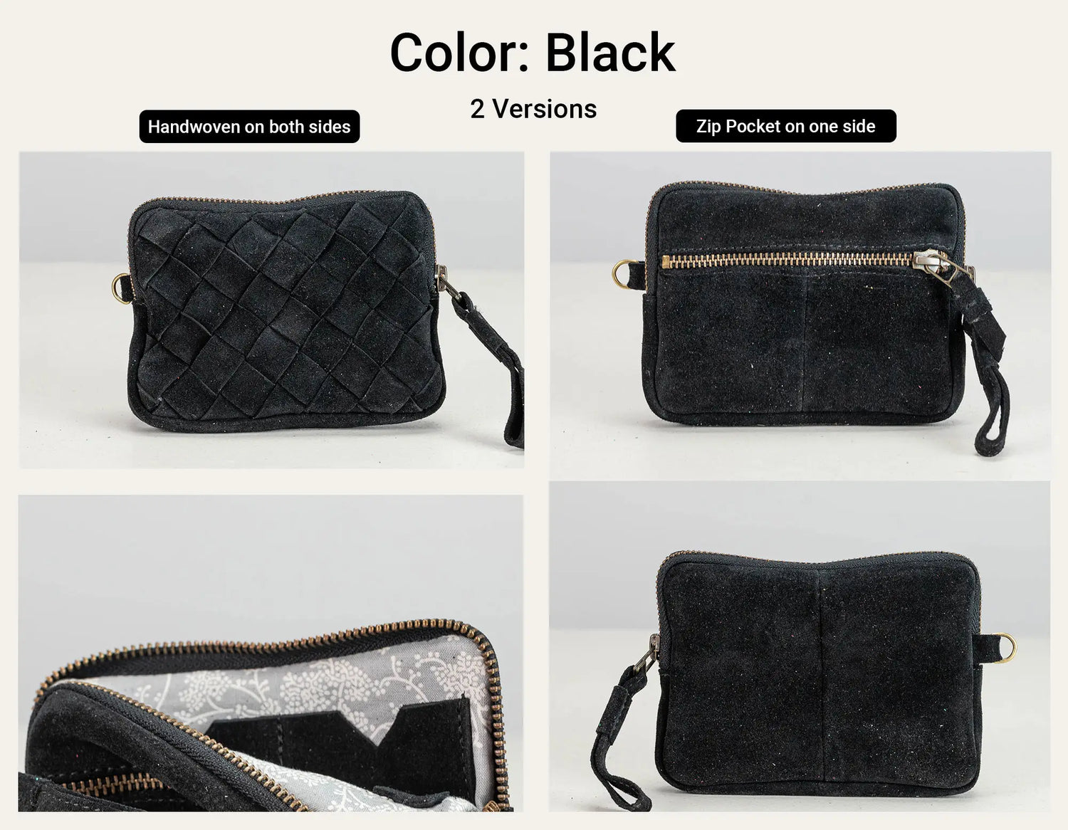 A four-panel product comparison graphic showing a black handwoven crossbody bag from multiple angles. The top text reads &