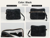 A four-panel product comparison graphic showing a black handwoven crossbody bag from multiple angles. The top text reads &