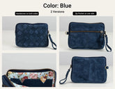 A collage showing a blue crossbody bag from multiple angles on a light gray background, with text reading &