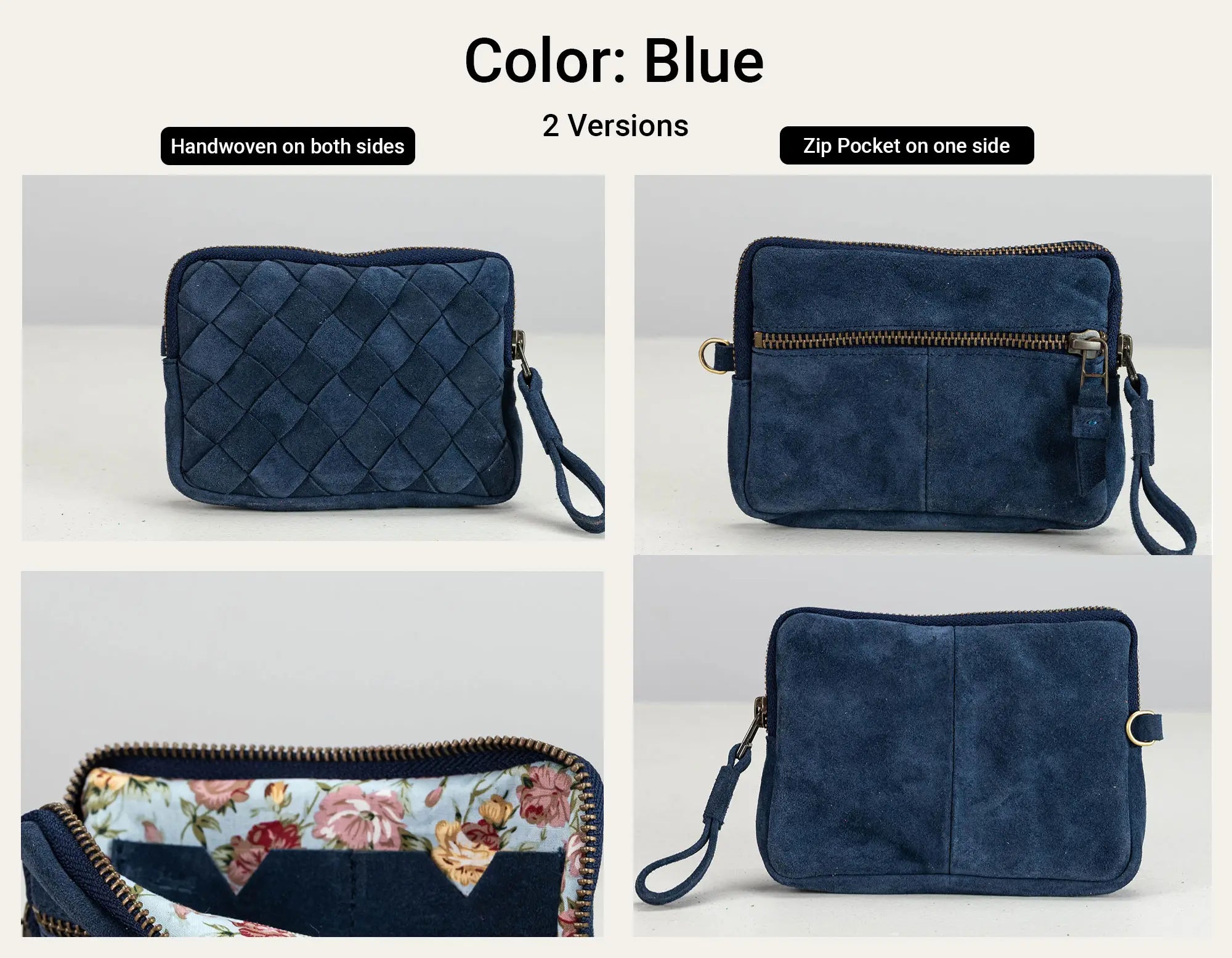 A collage showing a blue crossbody bag from multiple angles on a light gray background, with text reading &