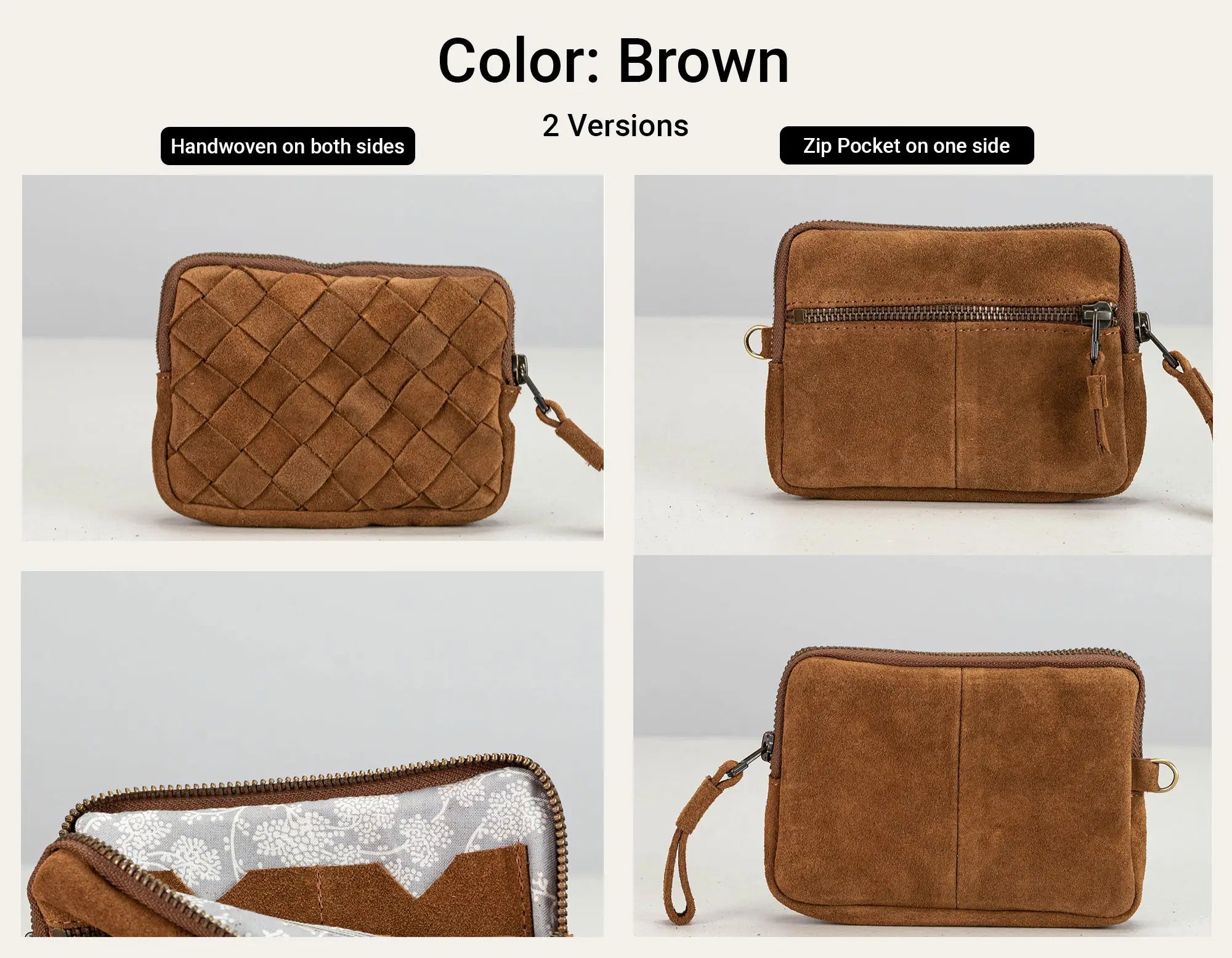 A collage showing a brown crossbody pouch from multiple angles with text labels: &