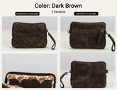 A 2x2 collage showing a dark brown suede wristlet pouch from multiple angles, with text at the top reading &