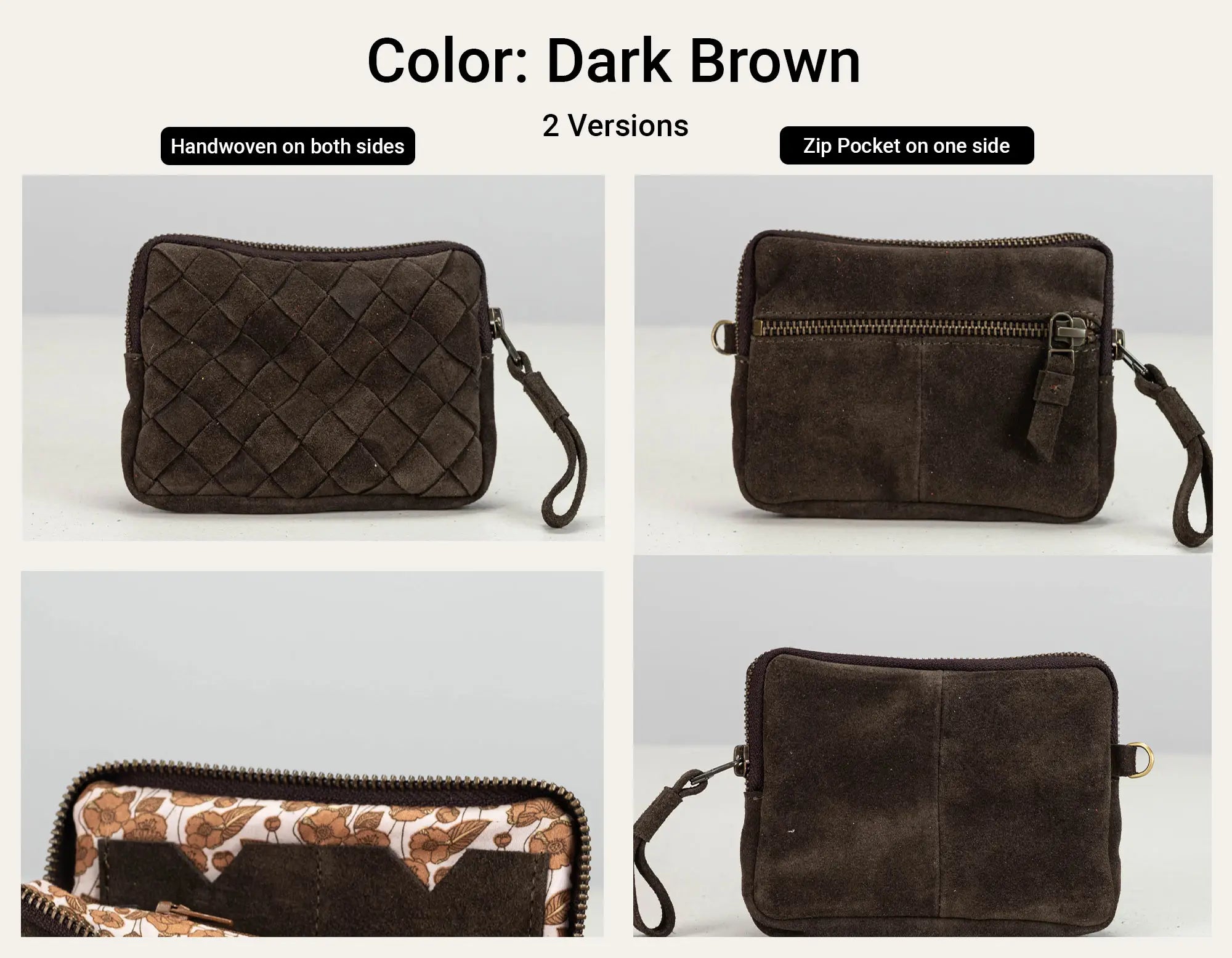A 2x2 collage showing a dark brown suede wristlet pouch from multiple angles, with text at the top reading &