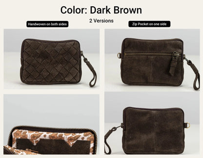 A 2x2 collage showing a dark brown suede wristlet pouch from multiple angles, with text at the top reading &