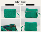 A collage showing a green crossbody pouch from multiple angles, with text at the top reading &