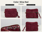 A collage showing a wine red crossbody pouch from multiple angles, with text at the top reading &