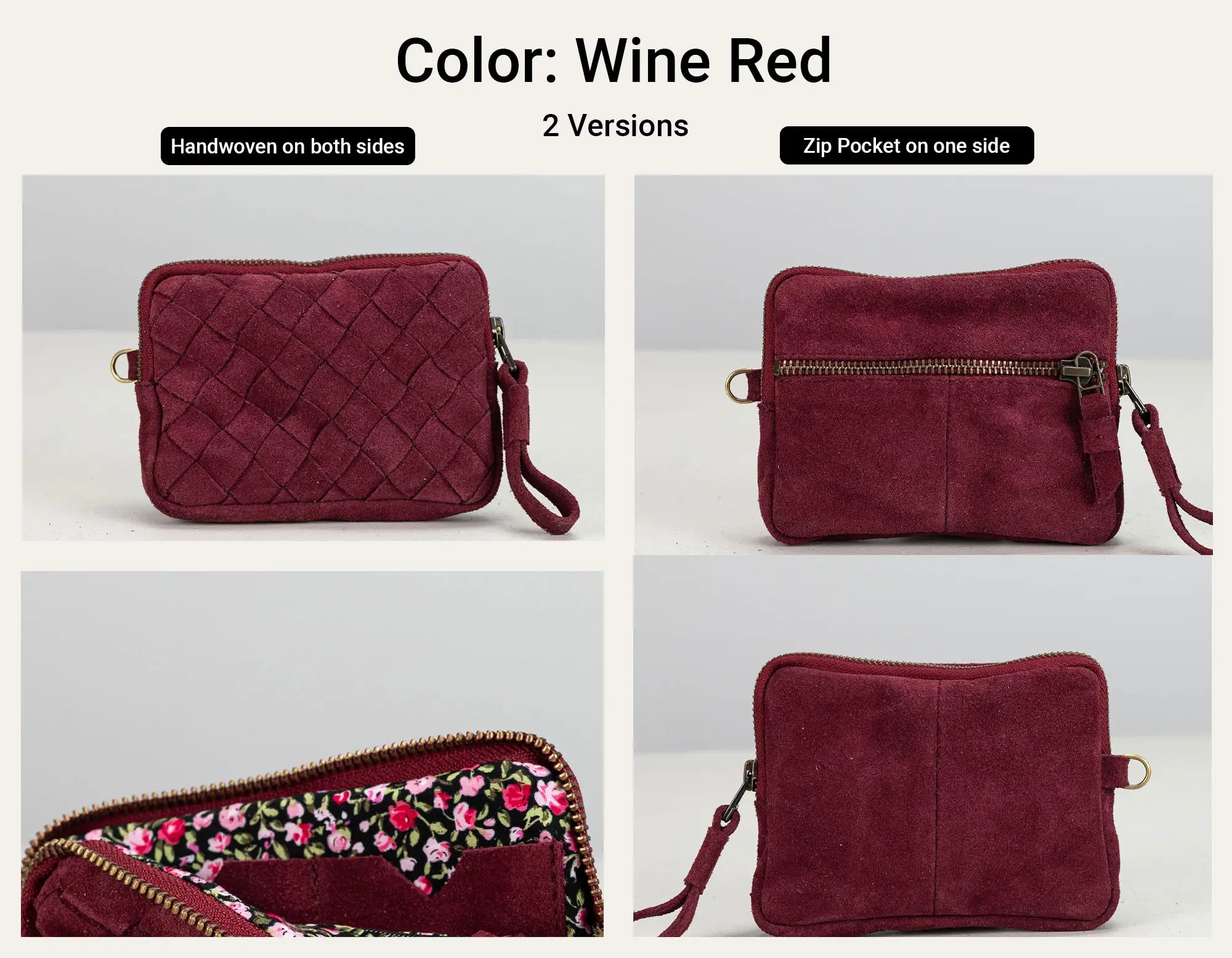 A collage showing a wine red crossbody pouch from multiple angles, with text at the top reading &