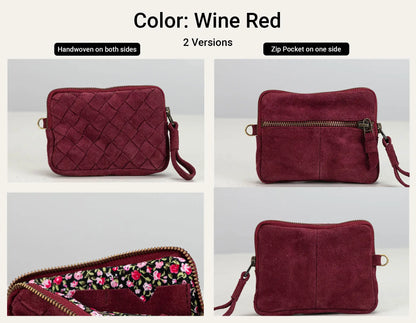 A collage showing a wine red crossbody pouch from multiple angles, with text at the top reading &