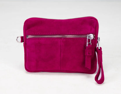 Pink clutch bag with a zipper on a white background