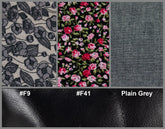 Fabric swatches with floral pattern, plain gray, and black leather texture.