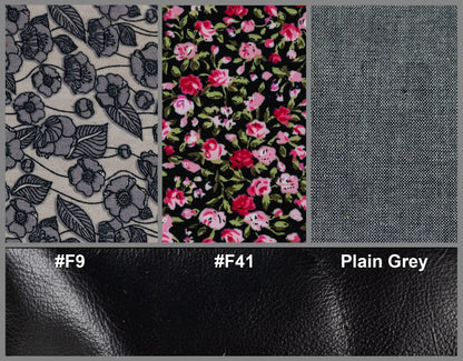 Fabric swatches with floral pattern, plain gray, and black leather texture.
