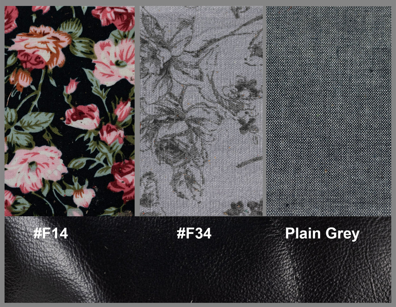 Fabric swatches with floral pattern, textured pattern, and plain gray fabric.