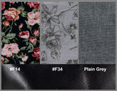 Fabric swatches with floral pattern, textured pattern, and plain gray fabric.